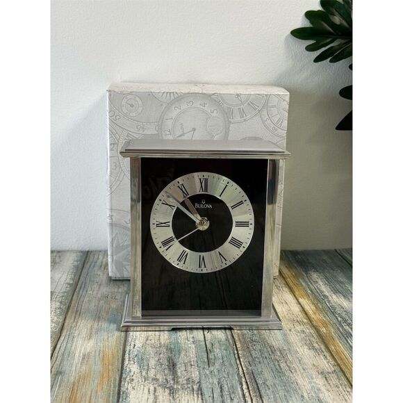 Bulova Desk Clock Black Dial Roman Numerals Elegant Design Unisex - Picture 2 of 6